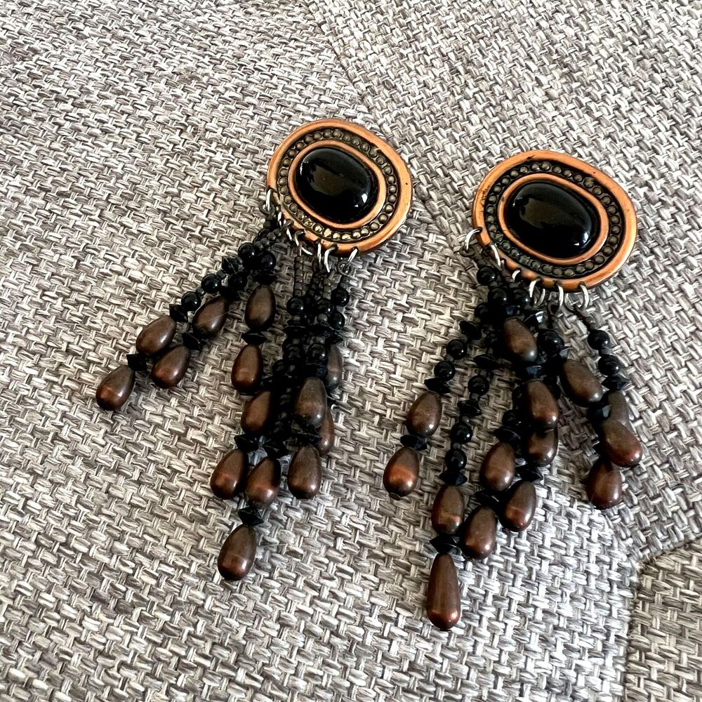 vtg 80s oval‎ statement boho earrings dangle beads black maximalist chandelier